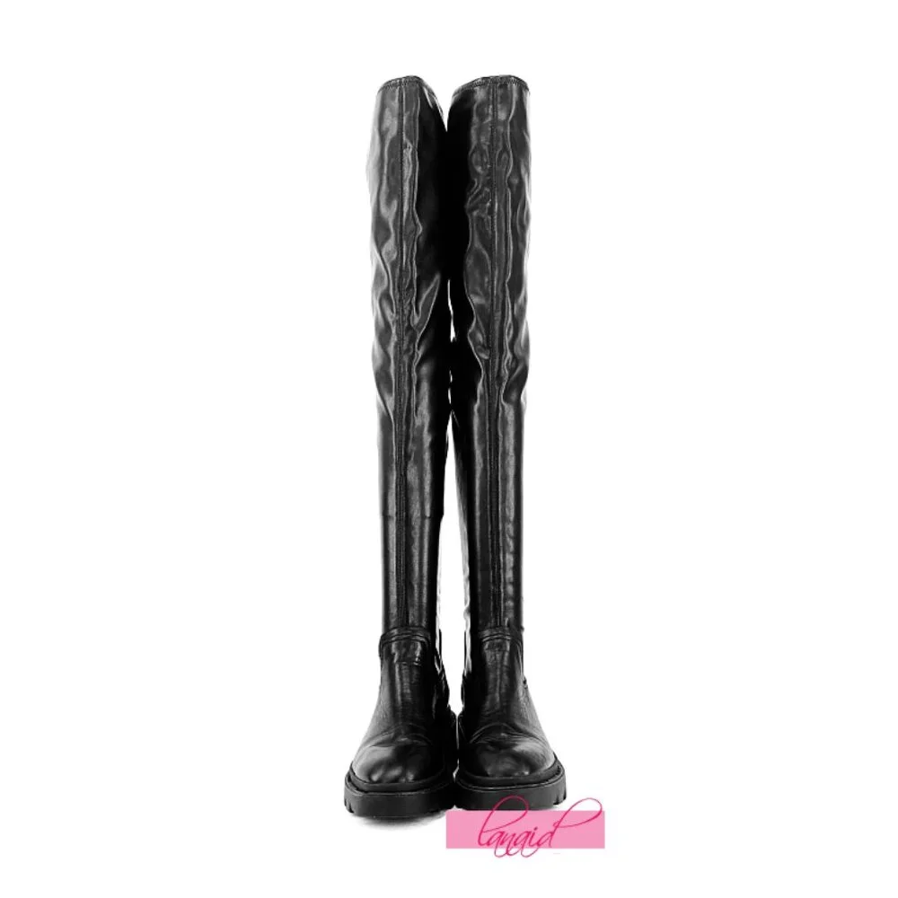Ash Manny Over-The-Knee Biker Boots Black Thigh-High Leather Chunky Combat Edgy